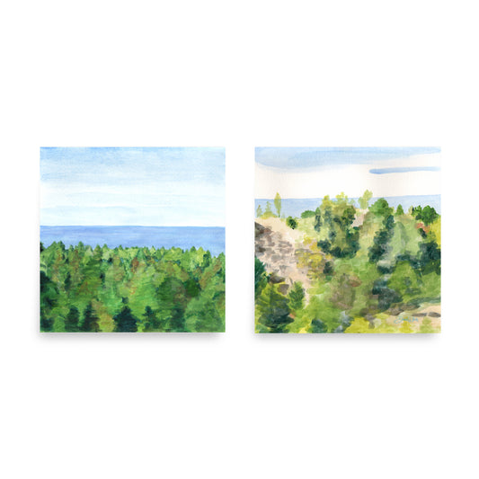 Lake Michigan Wall Art Set Evergreen Trees Watercolor