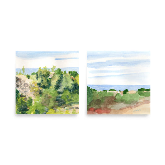 Lake Wall Art Set of Two Watercolor Painting Prints of Lake Michigan Indiana Dunes