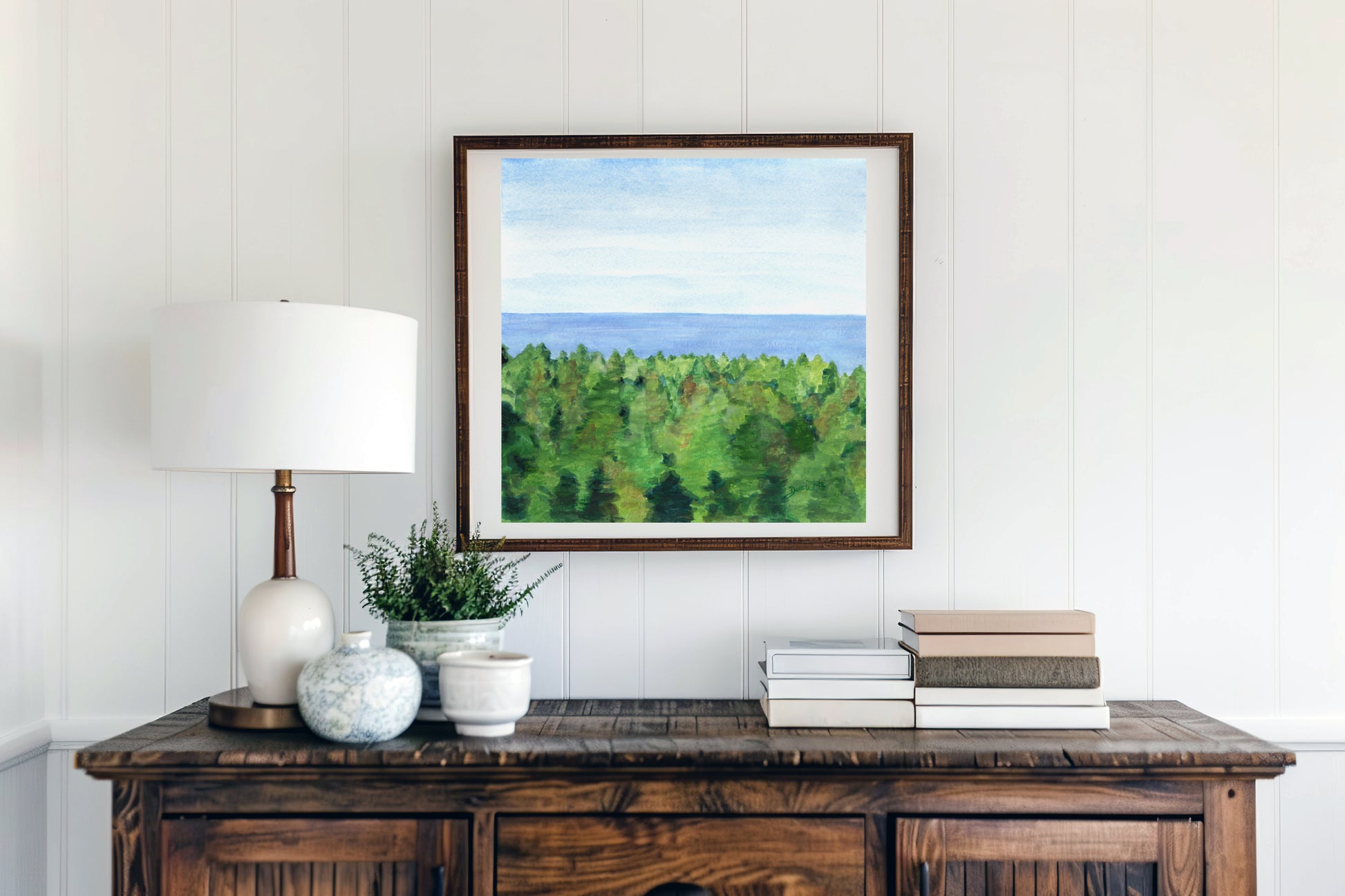 Lake Michigan Watercolor Art Evergreen Forest