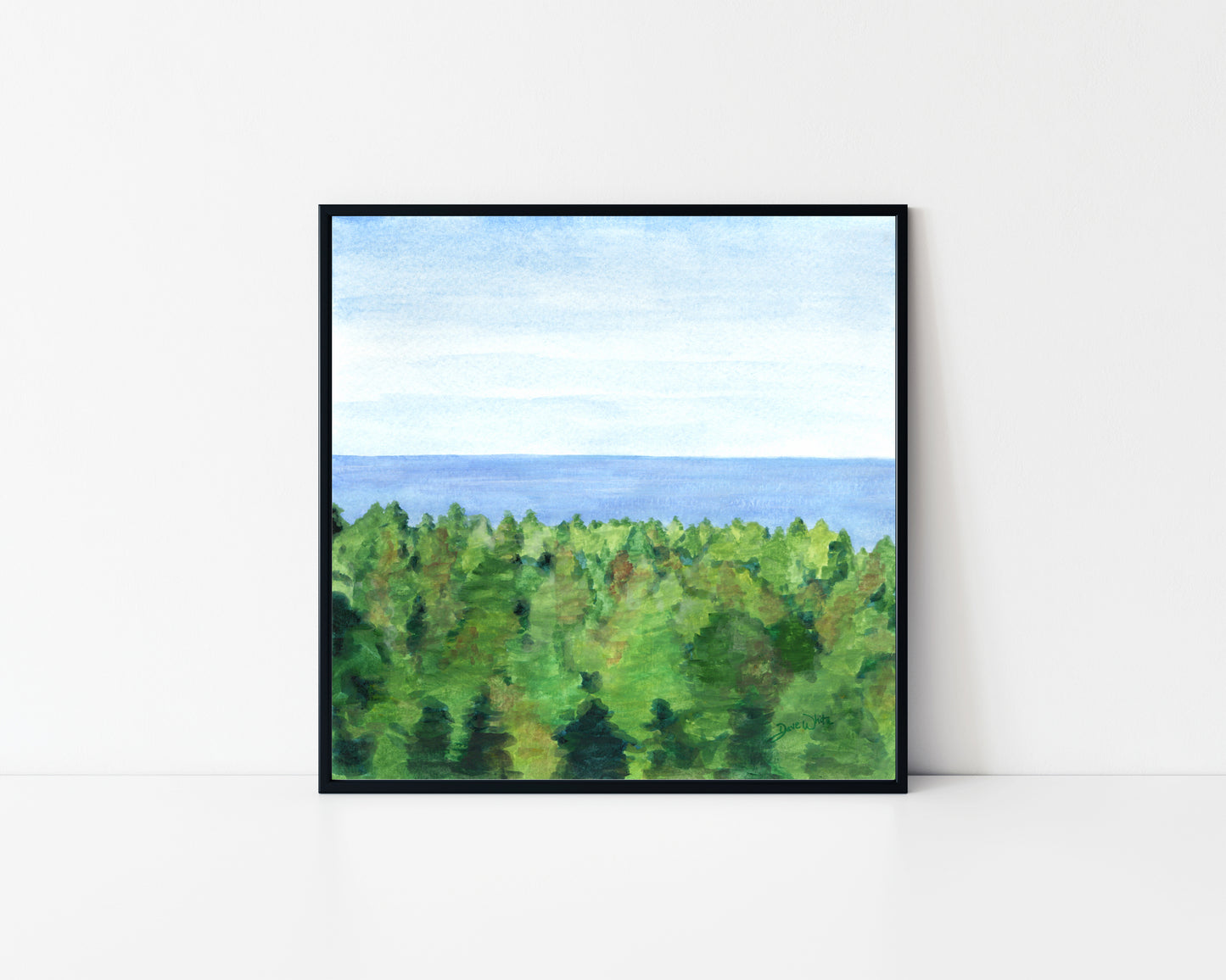 Lake Michigan Art Framed Evergreen Trees Painting