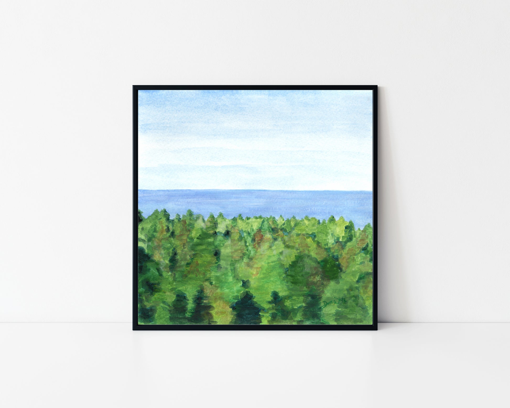 Lake Michigan Art Framed Evergreen Trees Painting