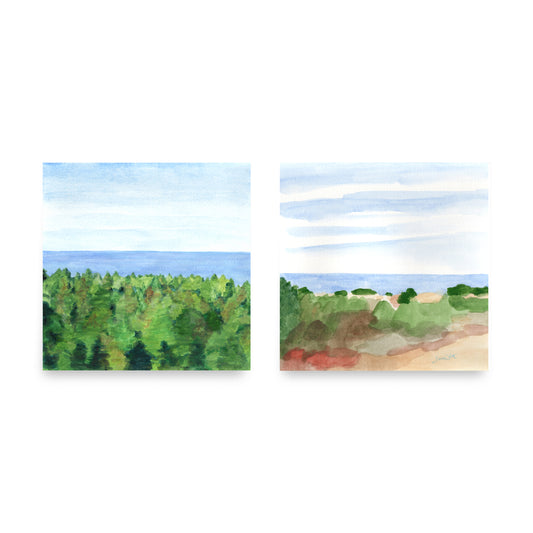 Lake Michigan Paintings Wall Art Set Evergreen Trees and Sand Dunes