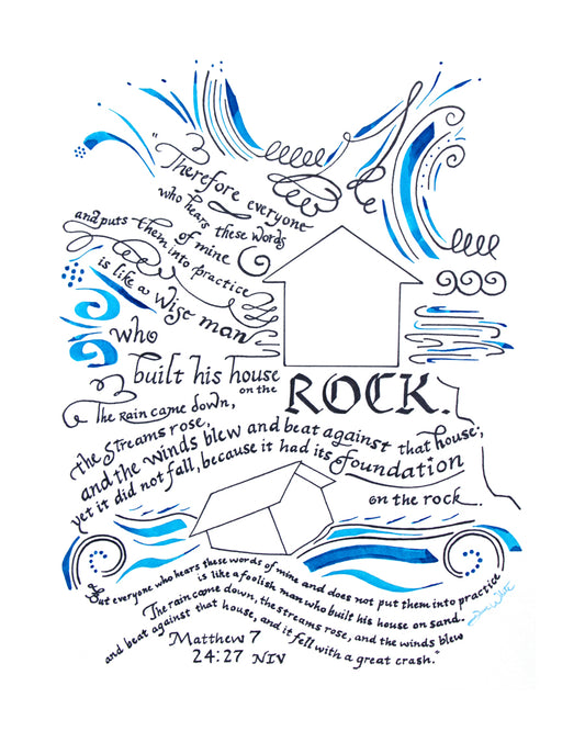 The Wise and Foolish Builders Parable Bible Verse Calligraphy Art Print