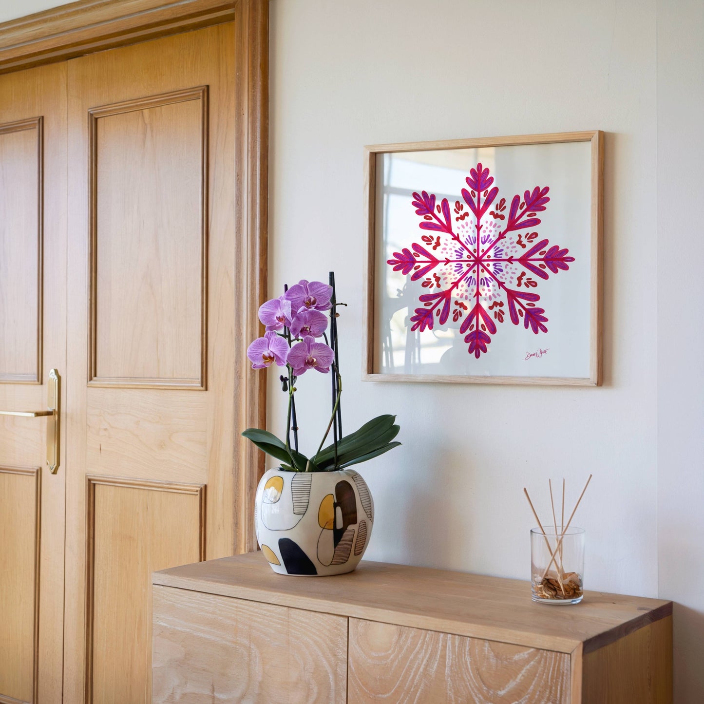 Pink Snowflake Art Framed
