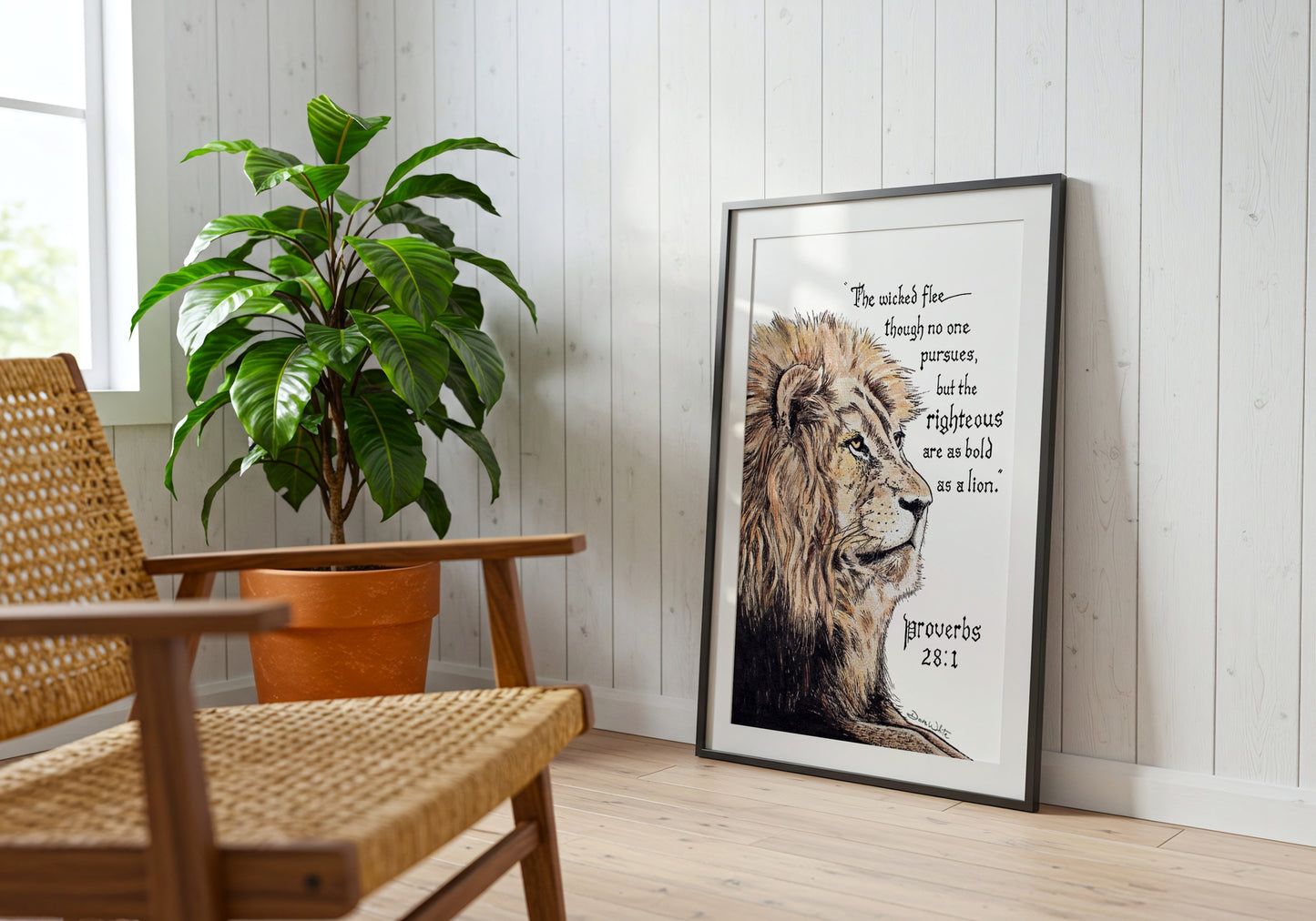 Proverbs 28 1 Bible Verse Calligraphy Art Lion Print