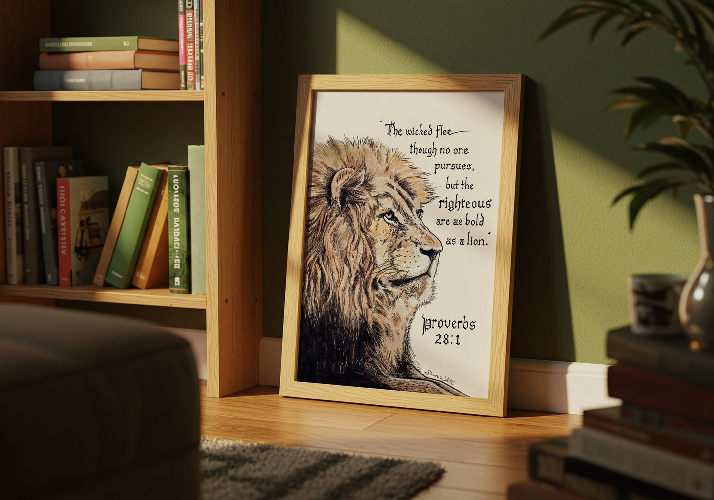 Proverbs 28 1 Bible Verse Calligraphy Artwork Lion Print