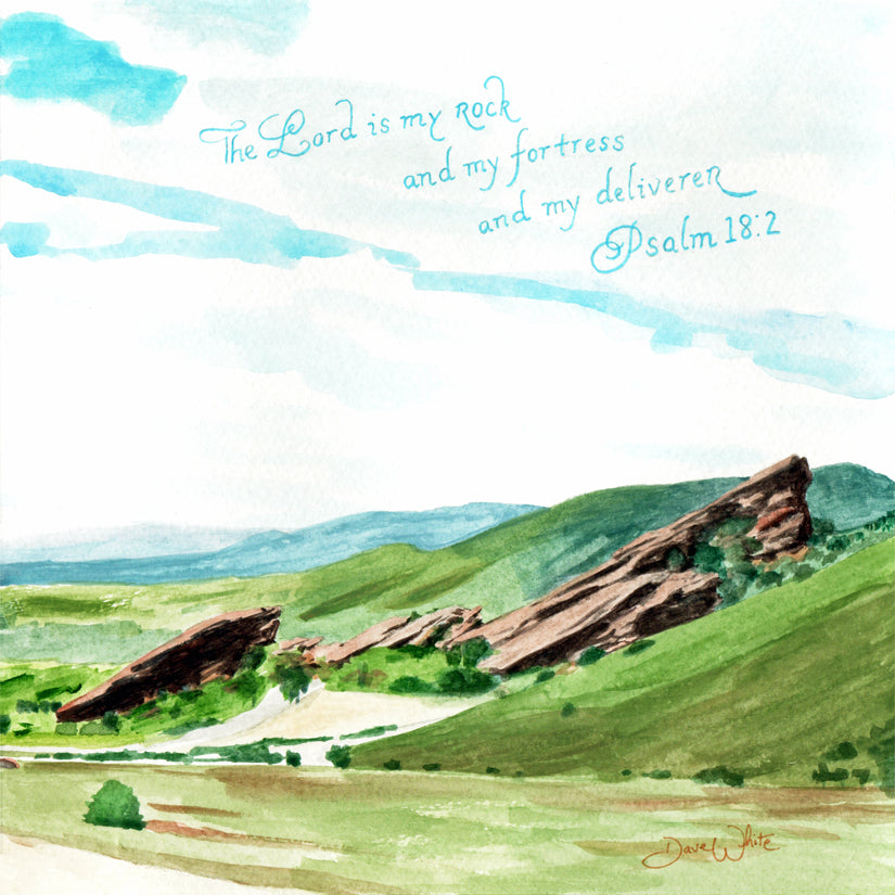 Red Rocks Watercolor Landscape Christian Wall Art Print Psalm 18:2