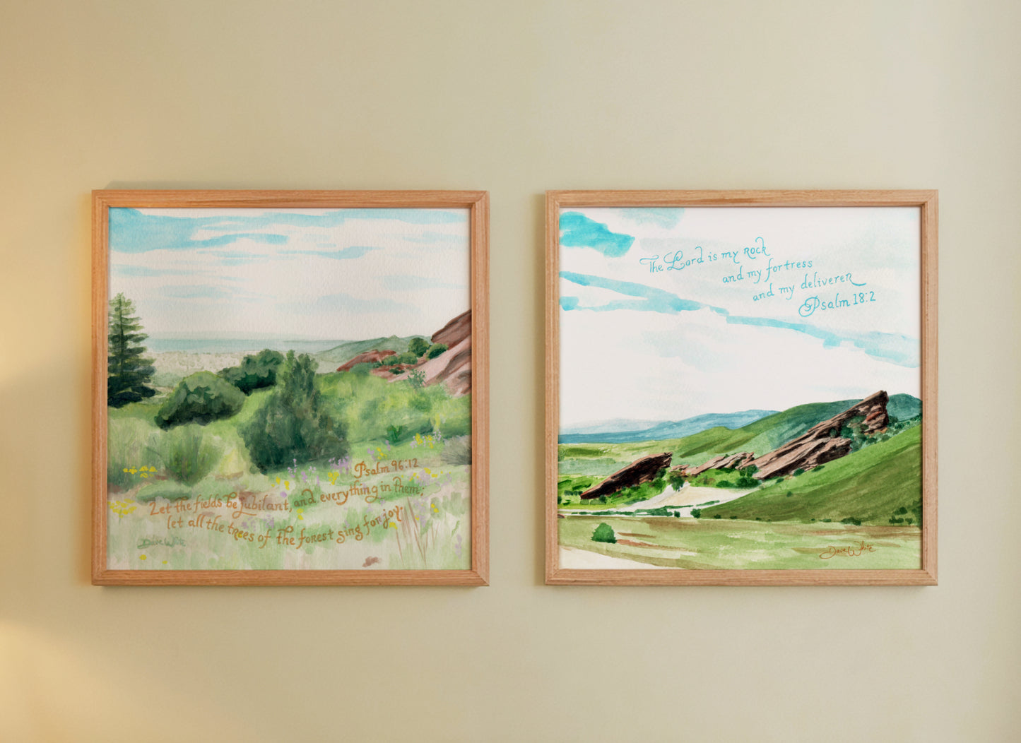 Red Rocks Watercolor Paintings Set Psalm 96:12 and Psalm 18:2