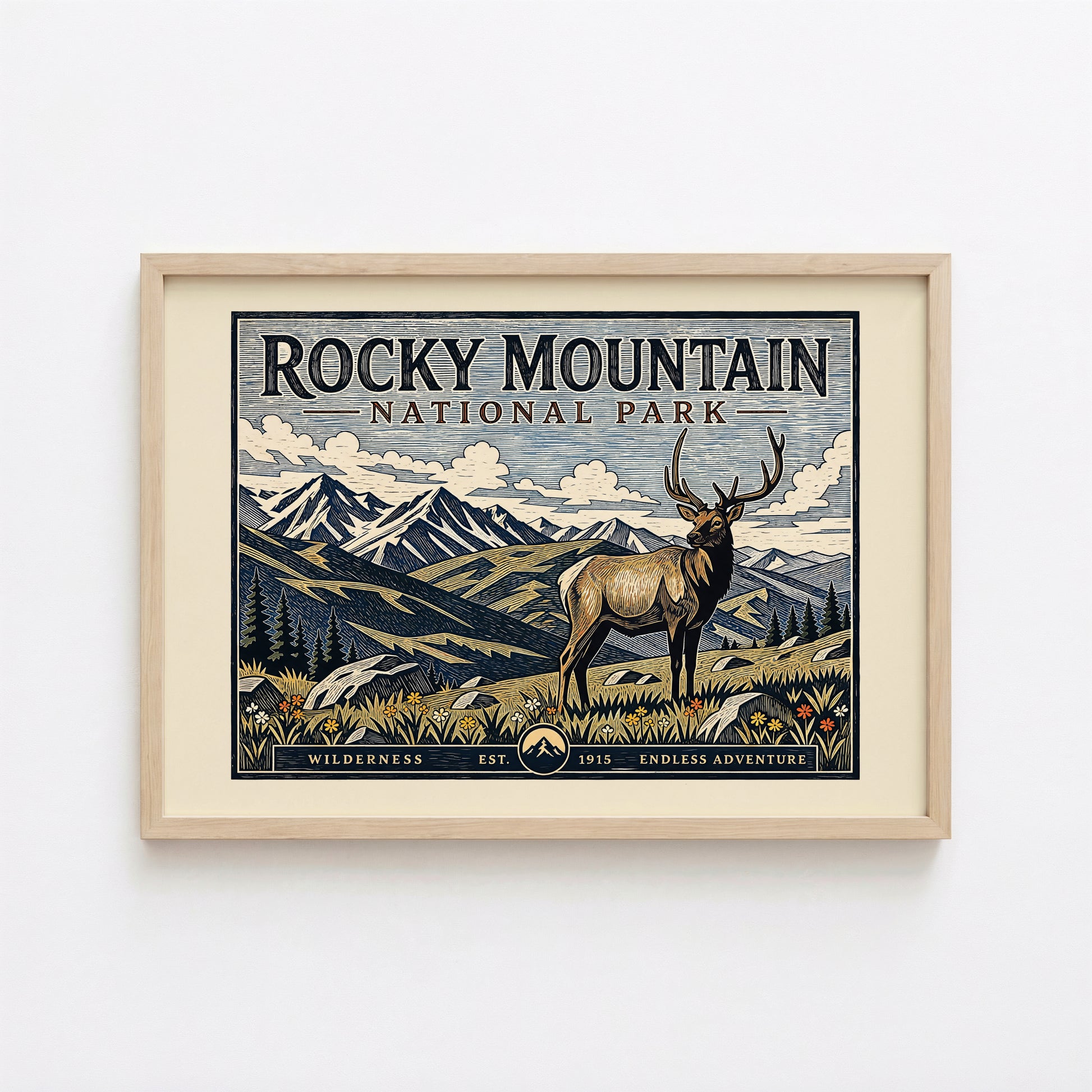 Framed poster of Rocky Mountain National Park with an elk illustration.