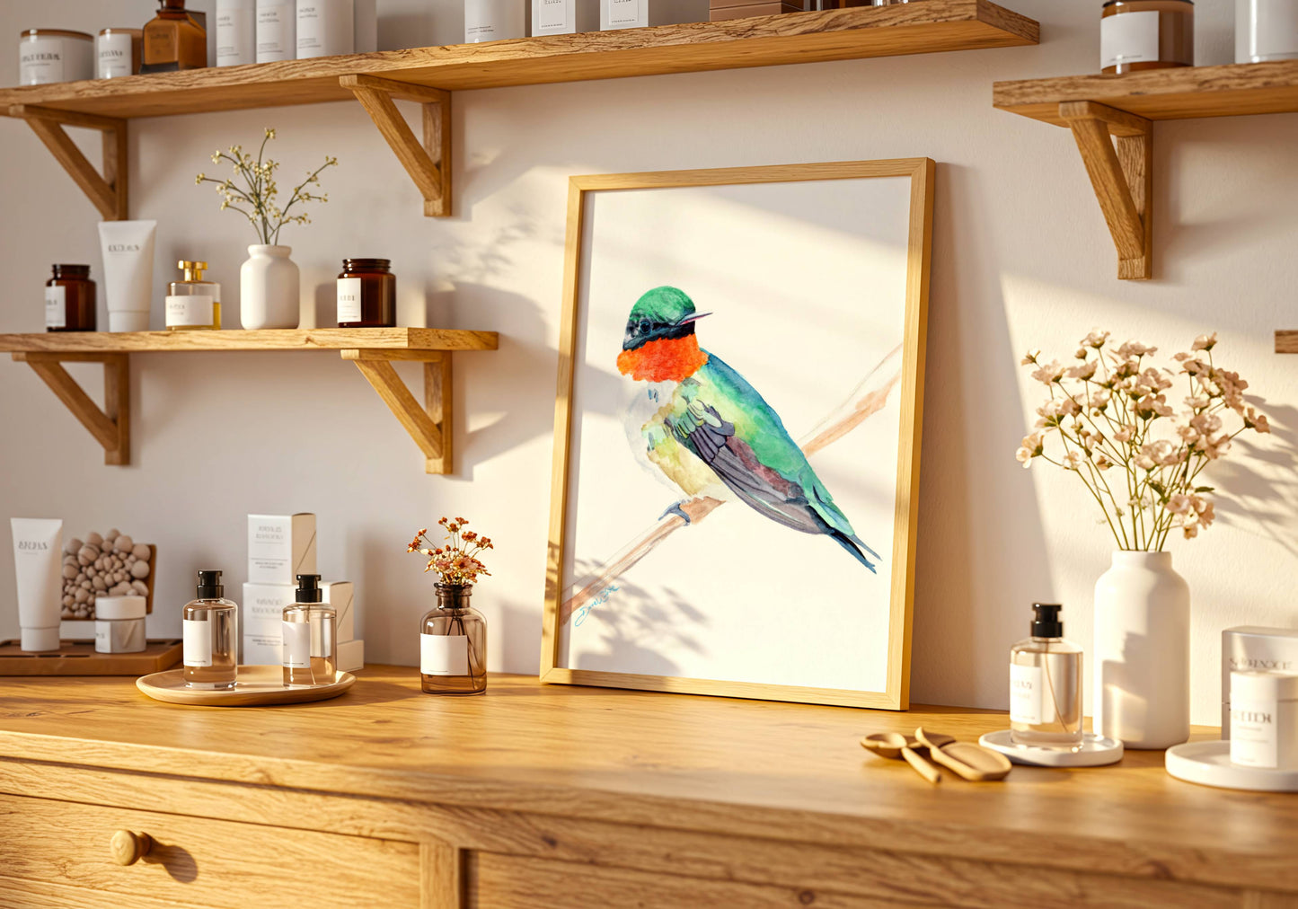 Ruby Throated Hummingbird Watercolor Painting