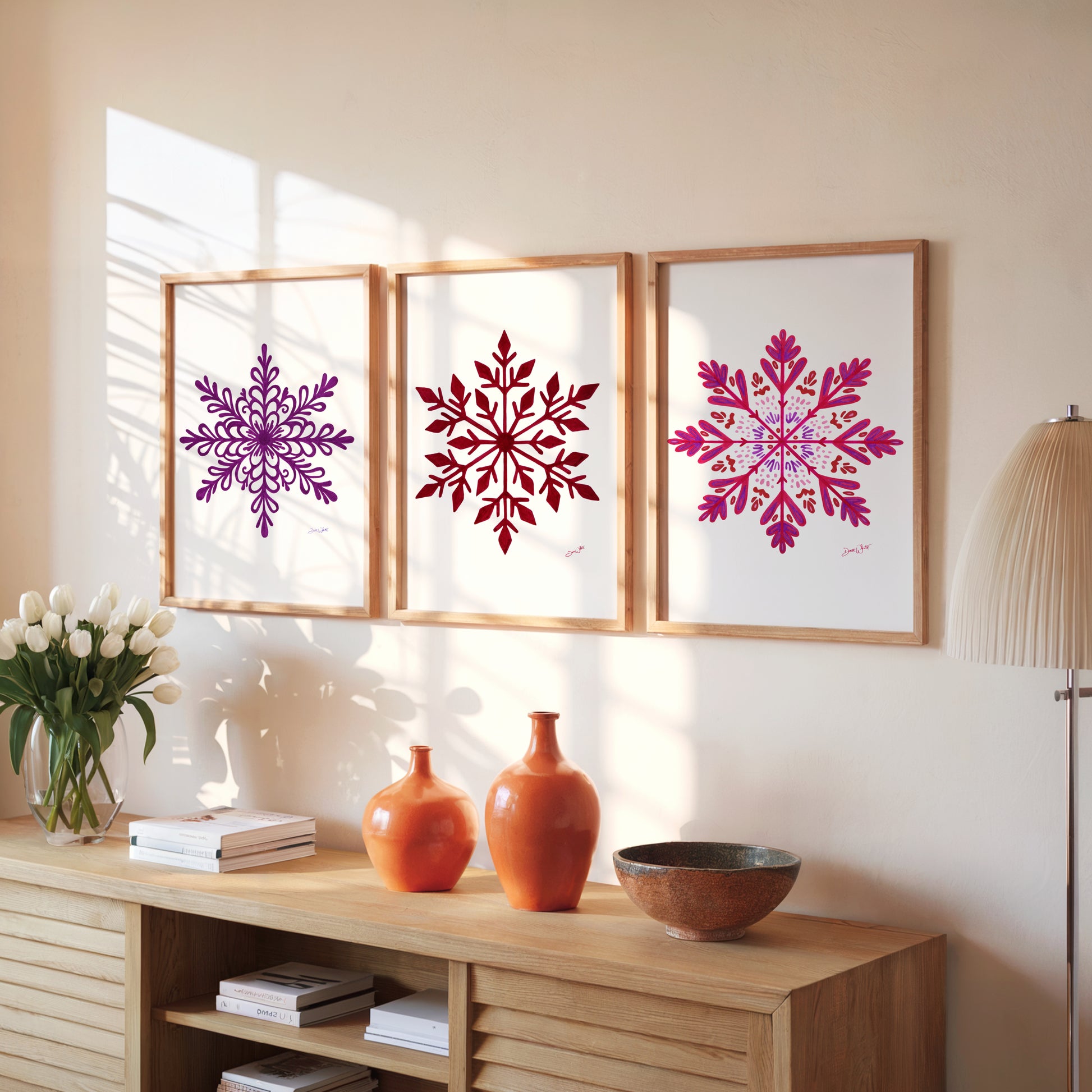 Snowflake Art Prints Set of 3 Purple Pink Red