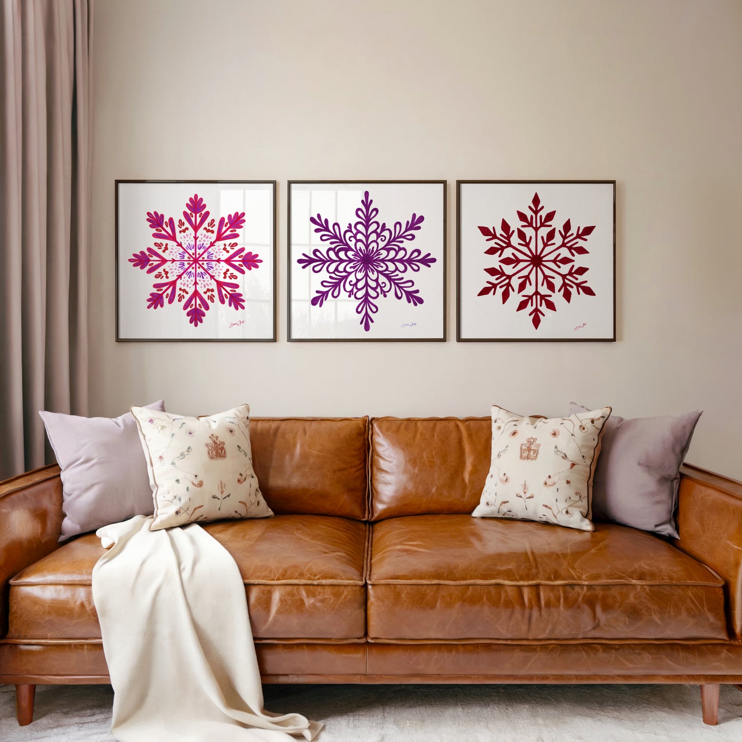 Snowflake Prints Set of 3 Purple Pink Red