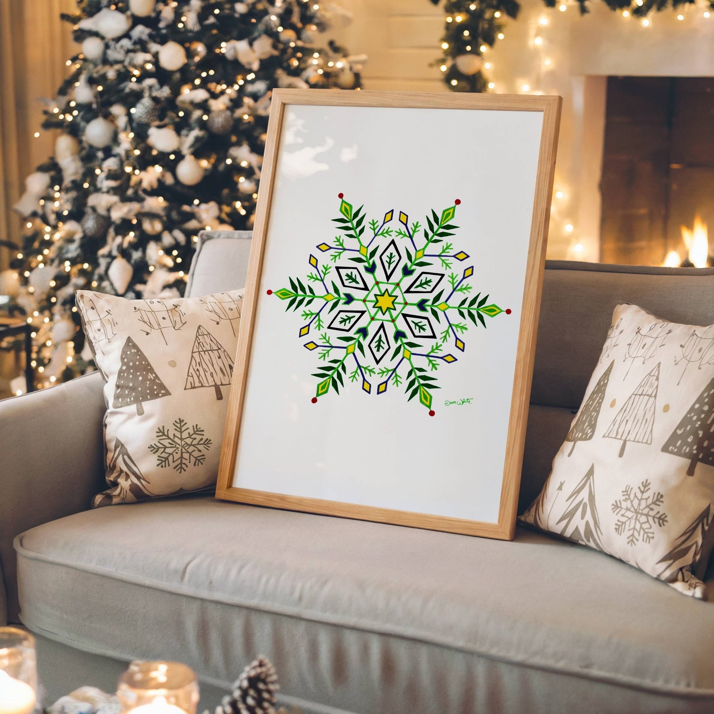 Snowflake Painting Green Winter Art