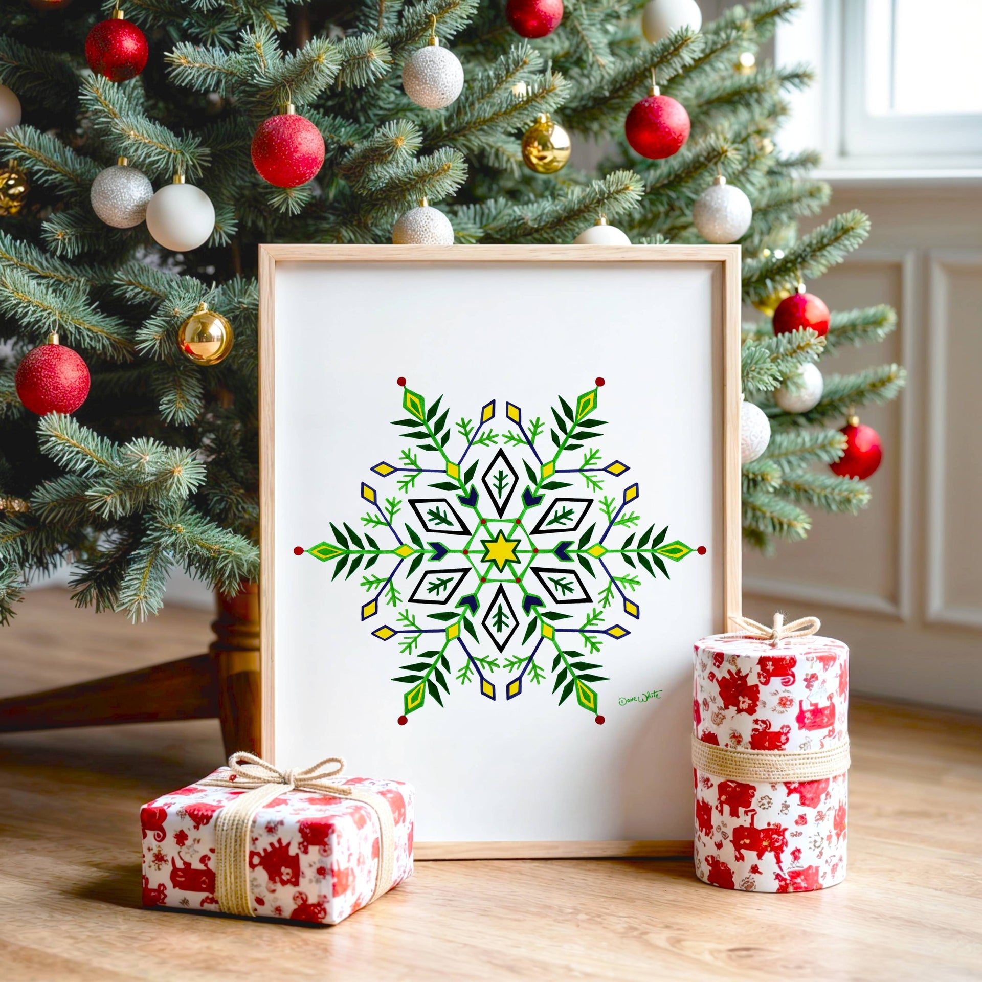 Snowflake Painting Green Winter Art Print