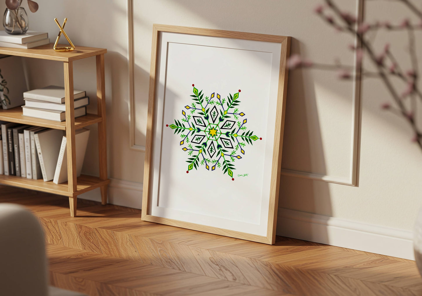 Snowflake Painting Green Winter Artwork