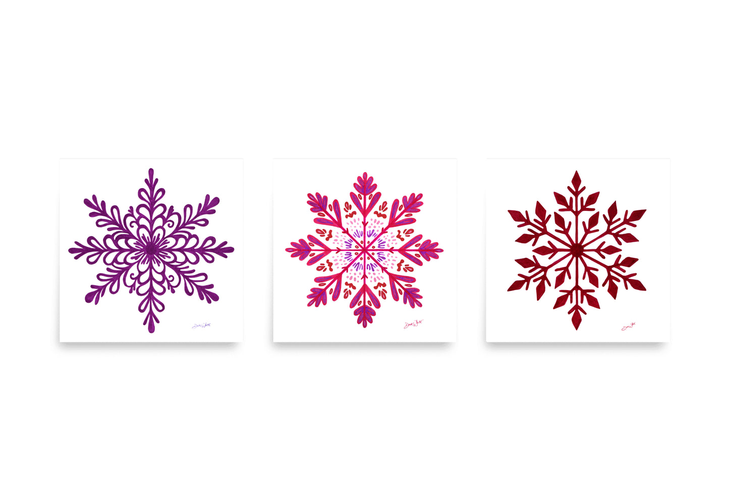 Snowflake Art Prints Set of 3 Red Purple Pink