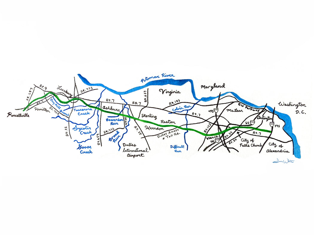 W&OD Trail Map Watercolor Painting Art Print