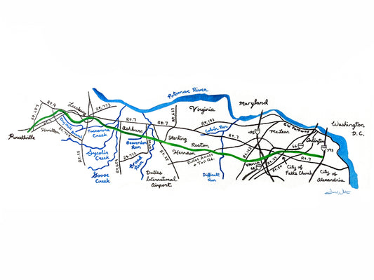 W&OD Trail Map Watercolor Painting Art Print