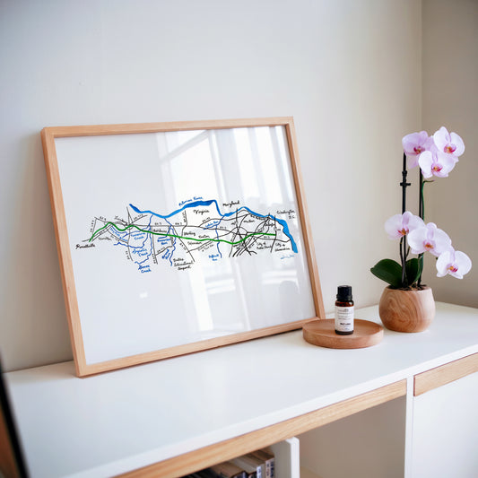 W&OD Trail Map Watercolor Painting Art Print