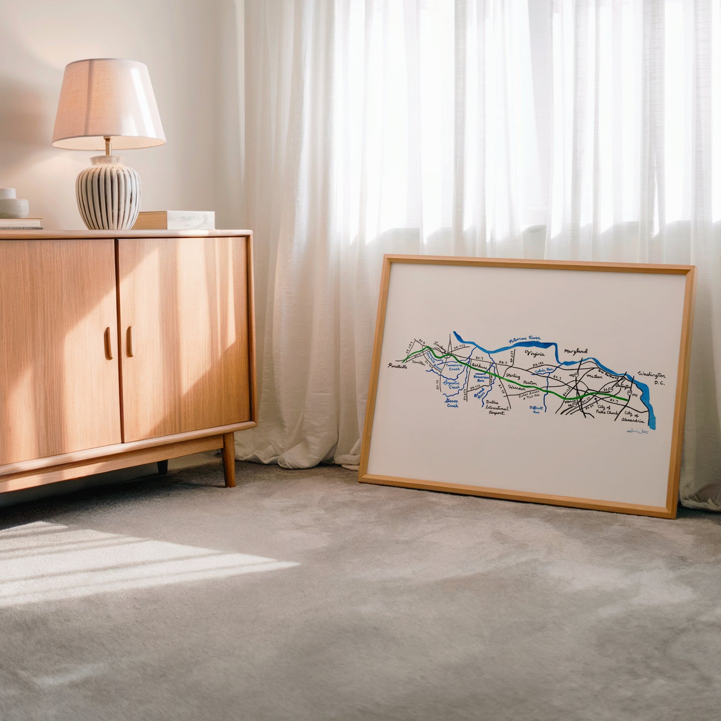 W&OD Trail Map Watercolor Painting Art Print