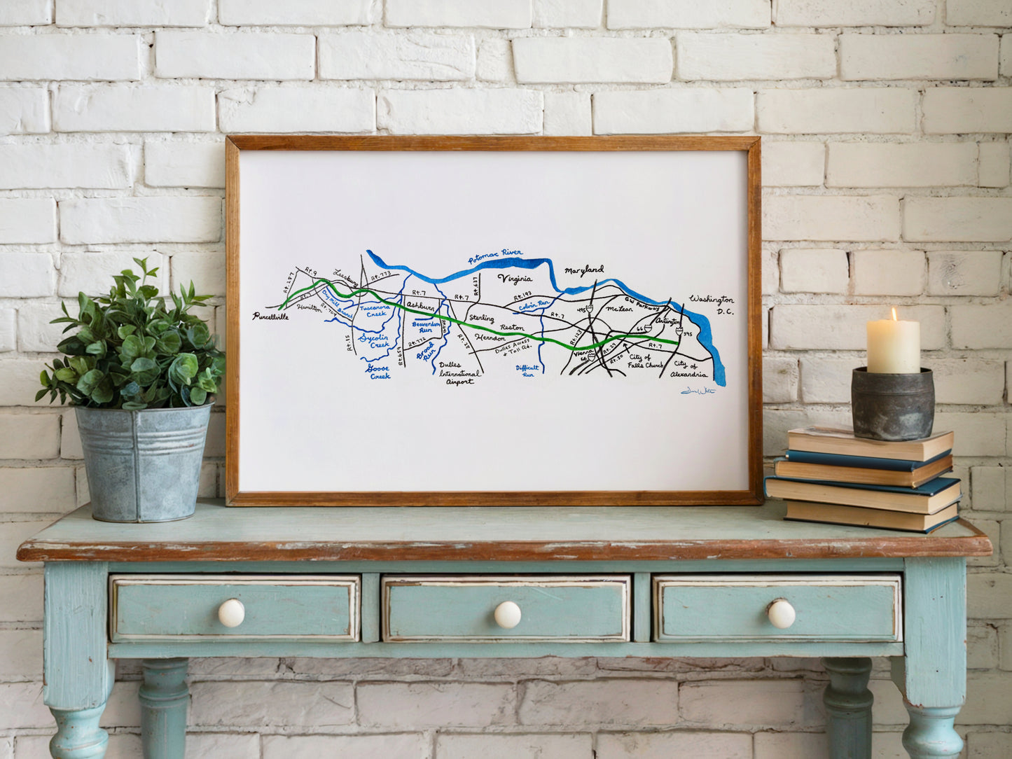 W&OD Trail Map Watercolor Painting Art Print