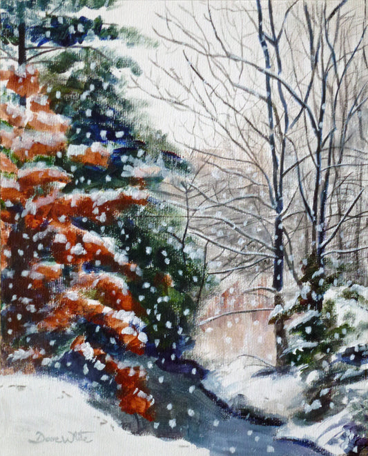 Winter Landscape Painting Art Print Snow Falling in a Forest