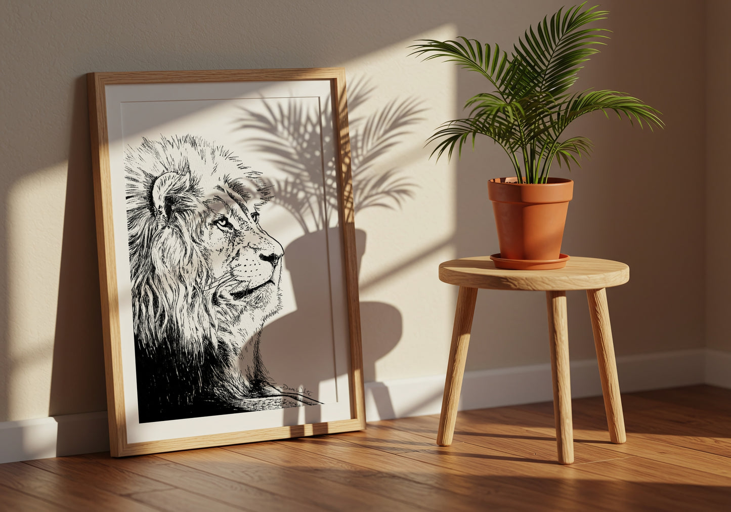 Lion Drawing Framed Black and White by Artist Dave White