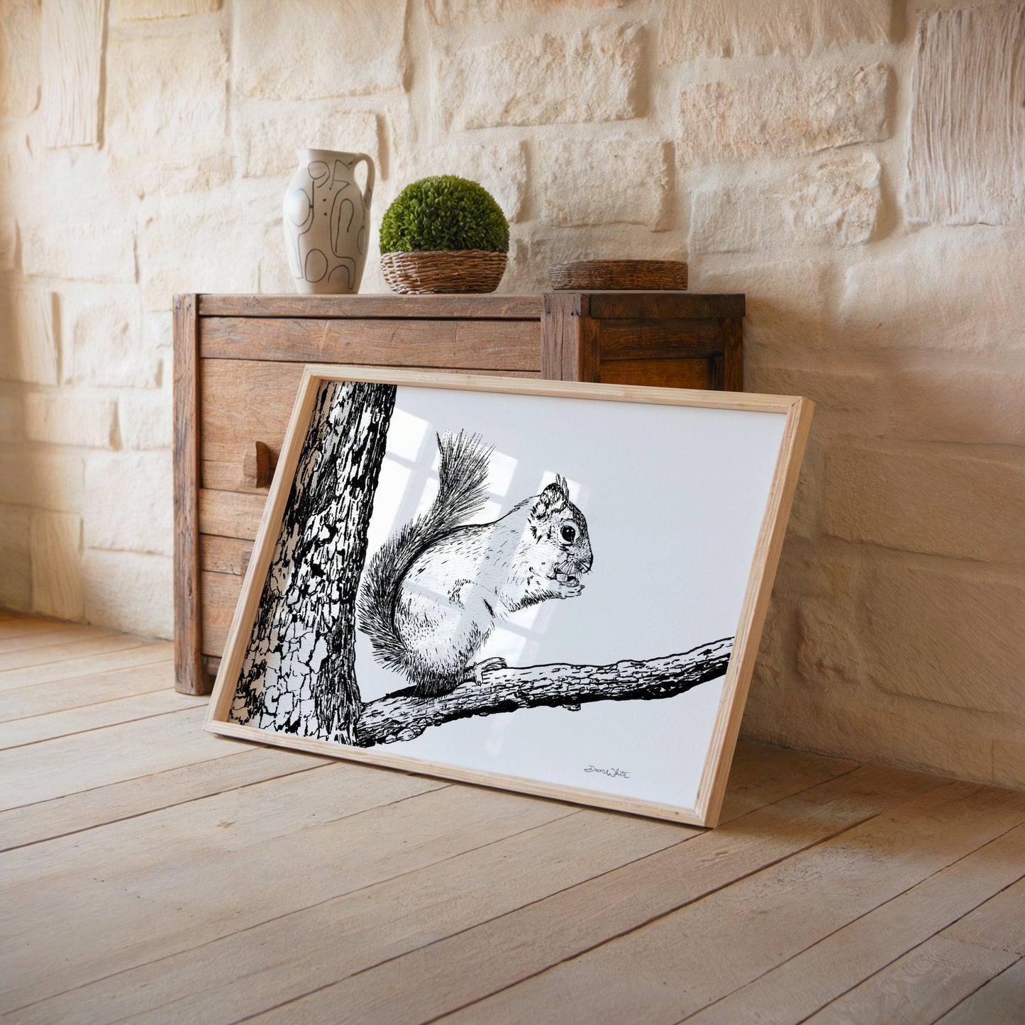Squirrel Drawing Black and White by Artist Dave White