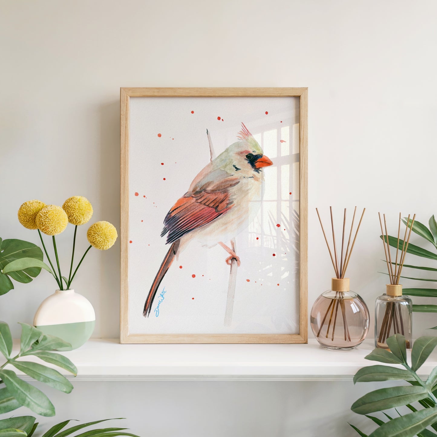 Female Red Cardinal Bird Watercolor Painting Art Print