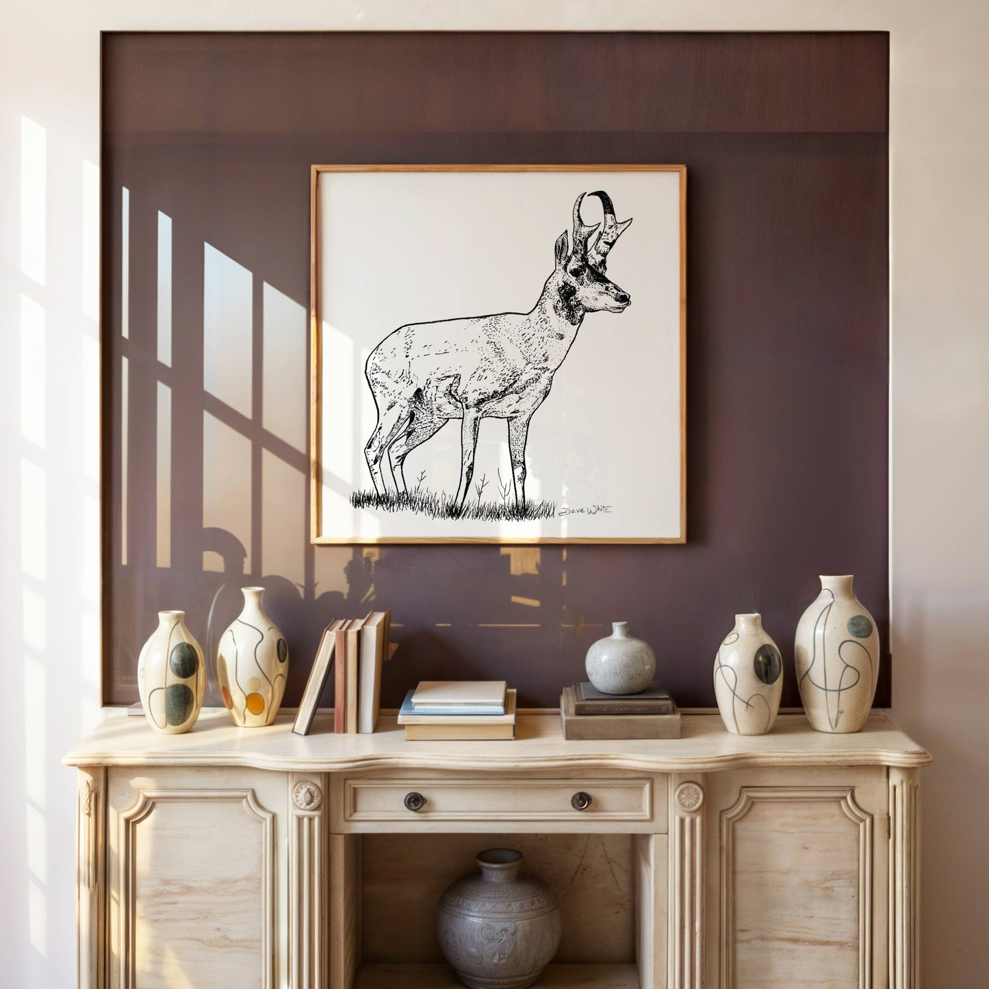 Pronghorn Antelope Drawing Black and White Animal Sketch Wildlife Art Print