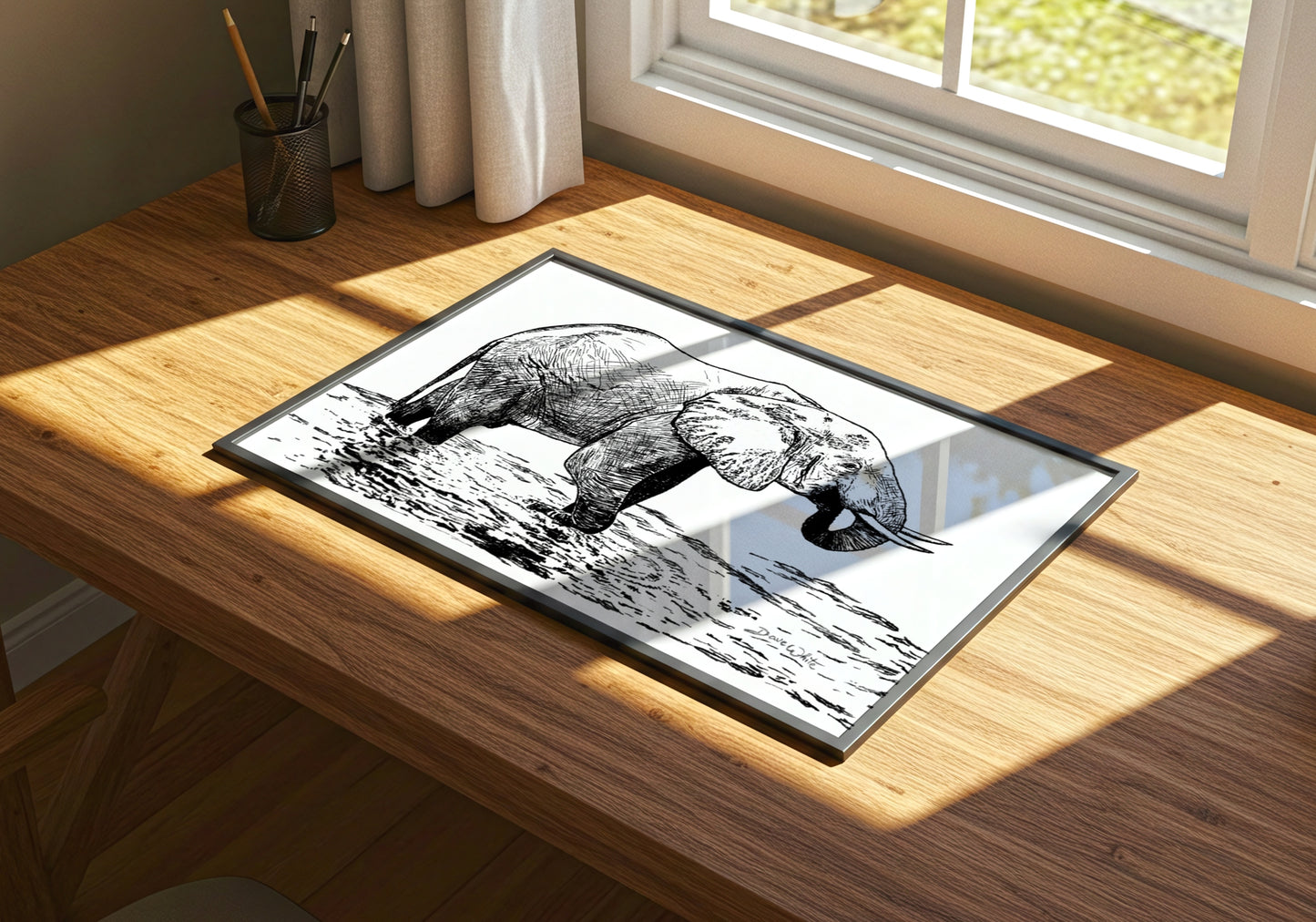 Elephant Drawing Art Print Black and White