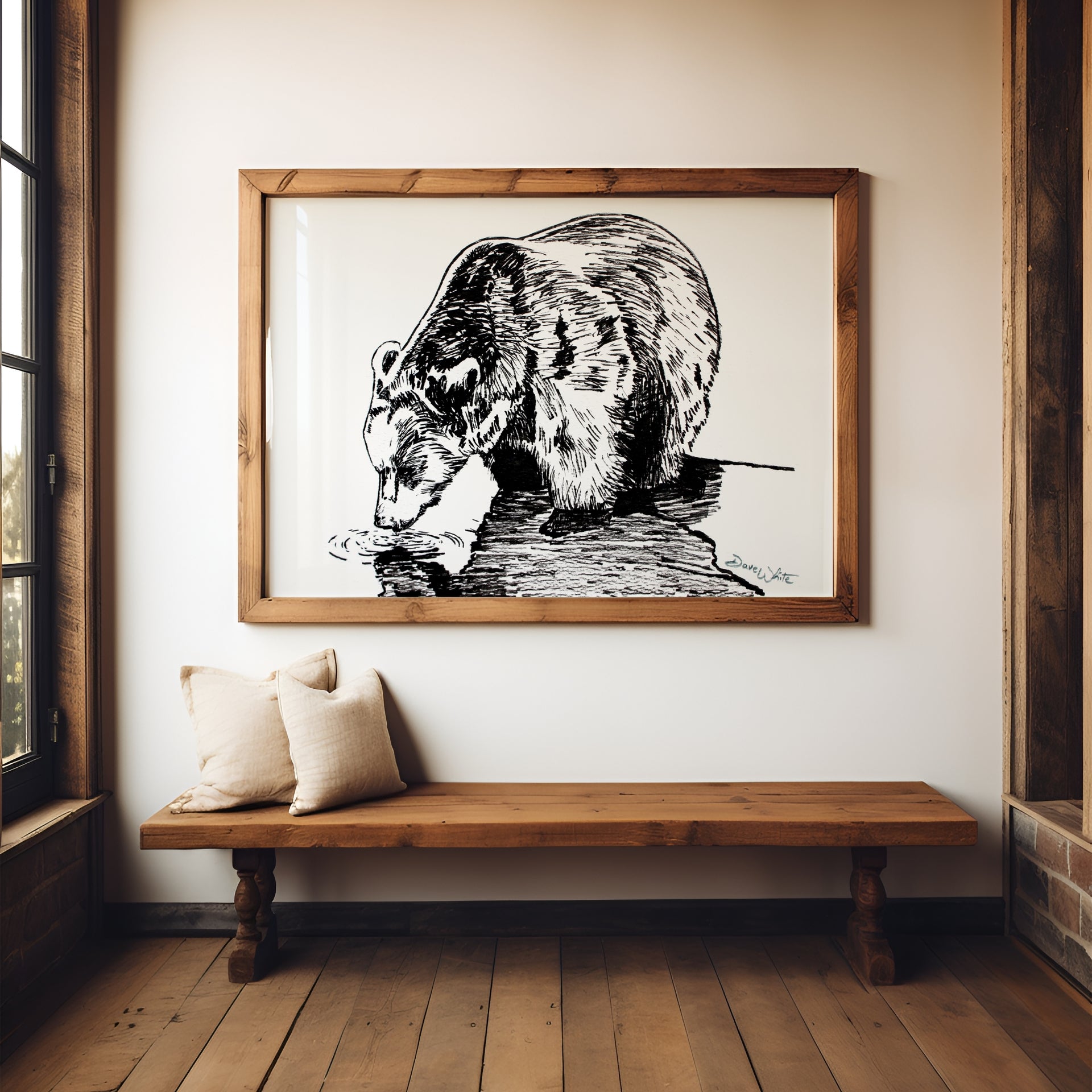 Grizzly Bear Drawing Black and White Print Artist Dave White