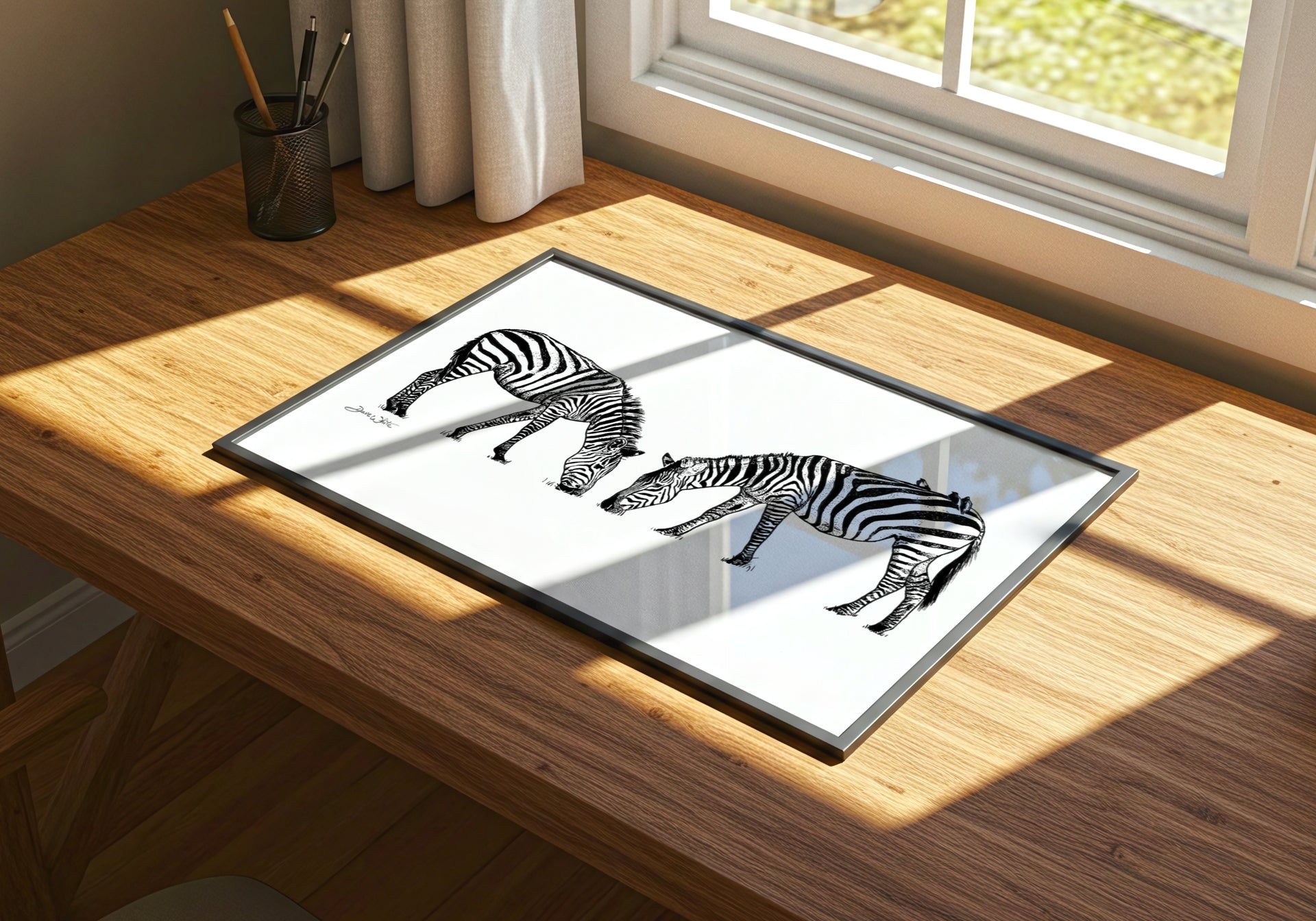Zebra Drawing Black and White Print Framed Artist Dave White
