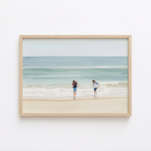 Brothers on Beach Art Print Digital Download Coastal Sea Artwork