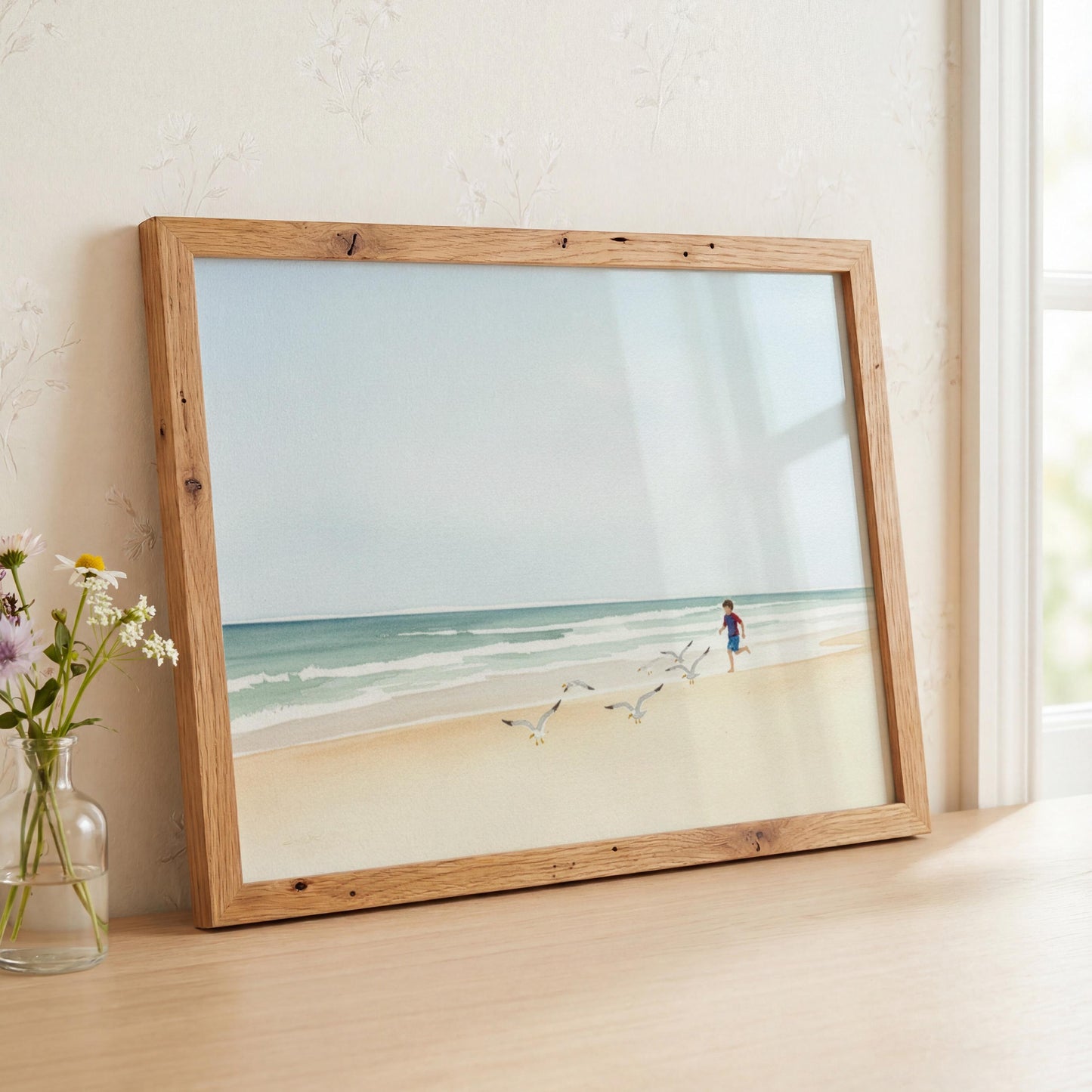 Chasing Seagulls Childhood Beach Art Print Digital Download Coastal Artwork