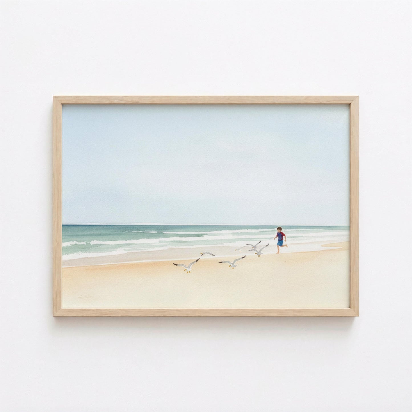 Chasing Seagulls Childhood Beach Art Print Digital Download Coastal Artwork