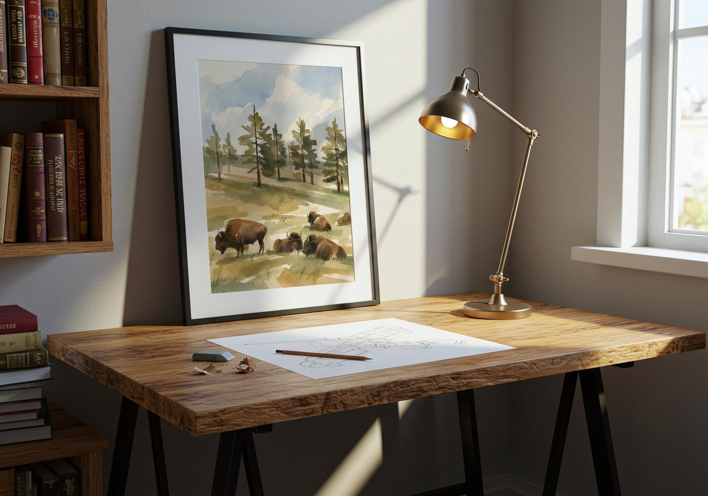 Bison Watercolor Art Western Pine Trees Landscape (Digital Download - Vertical)