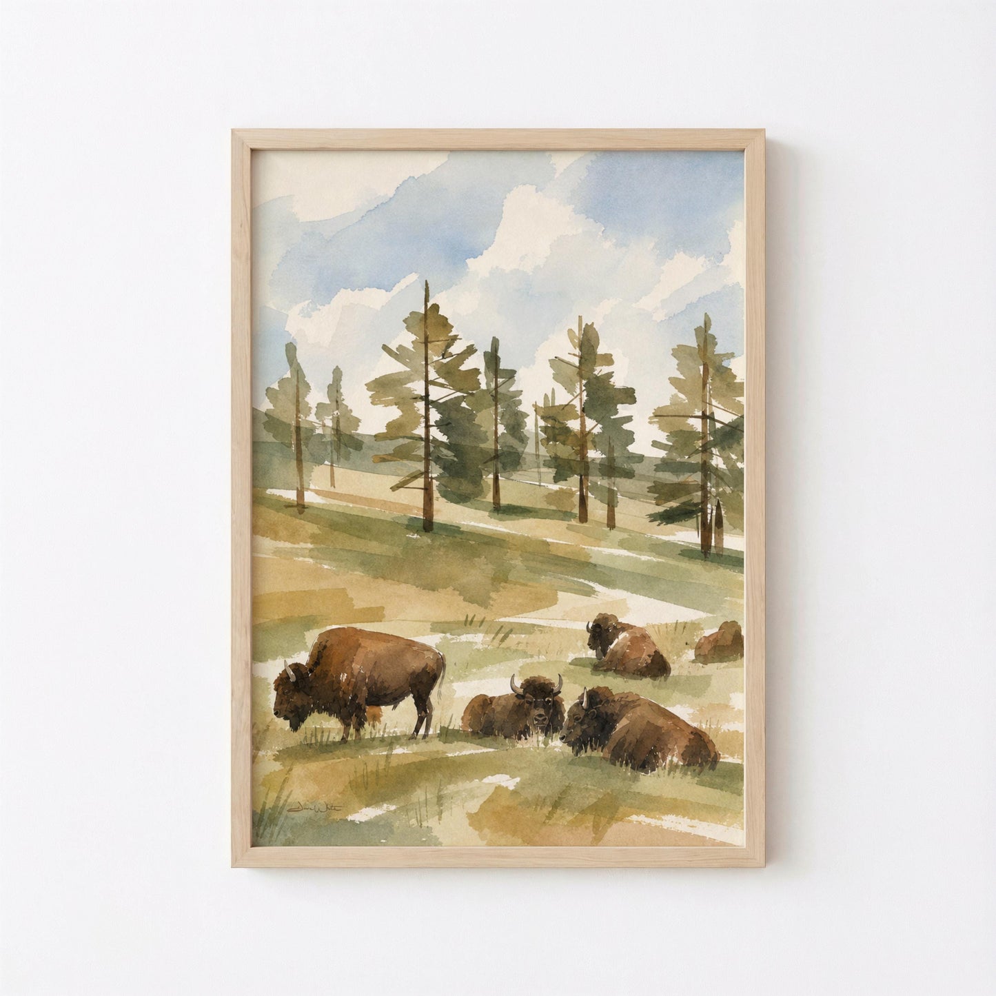 Bison Watercolor Art Western Pine Trees Landscape (Digital Download - Vertical)