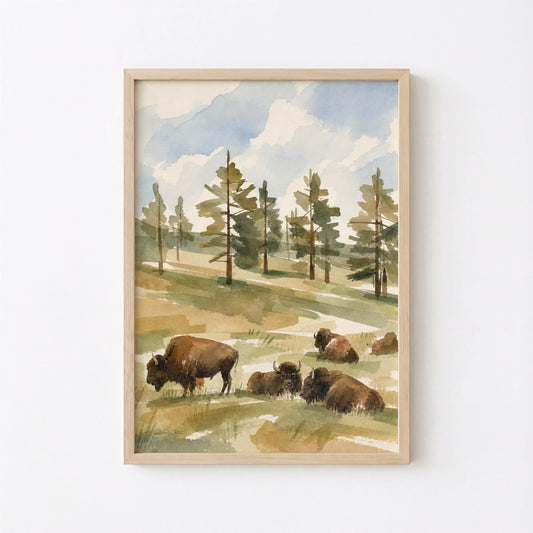 Bison Watercolor Art Western Pine Trees Landscape (Digital Download - Vertical)
