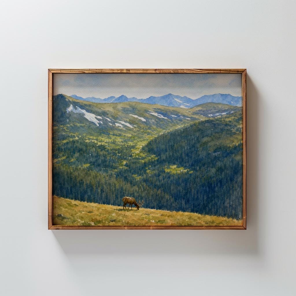 Elk Rocky Mountain Landscape Watercolor Art Digital Download