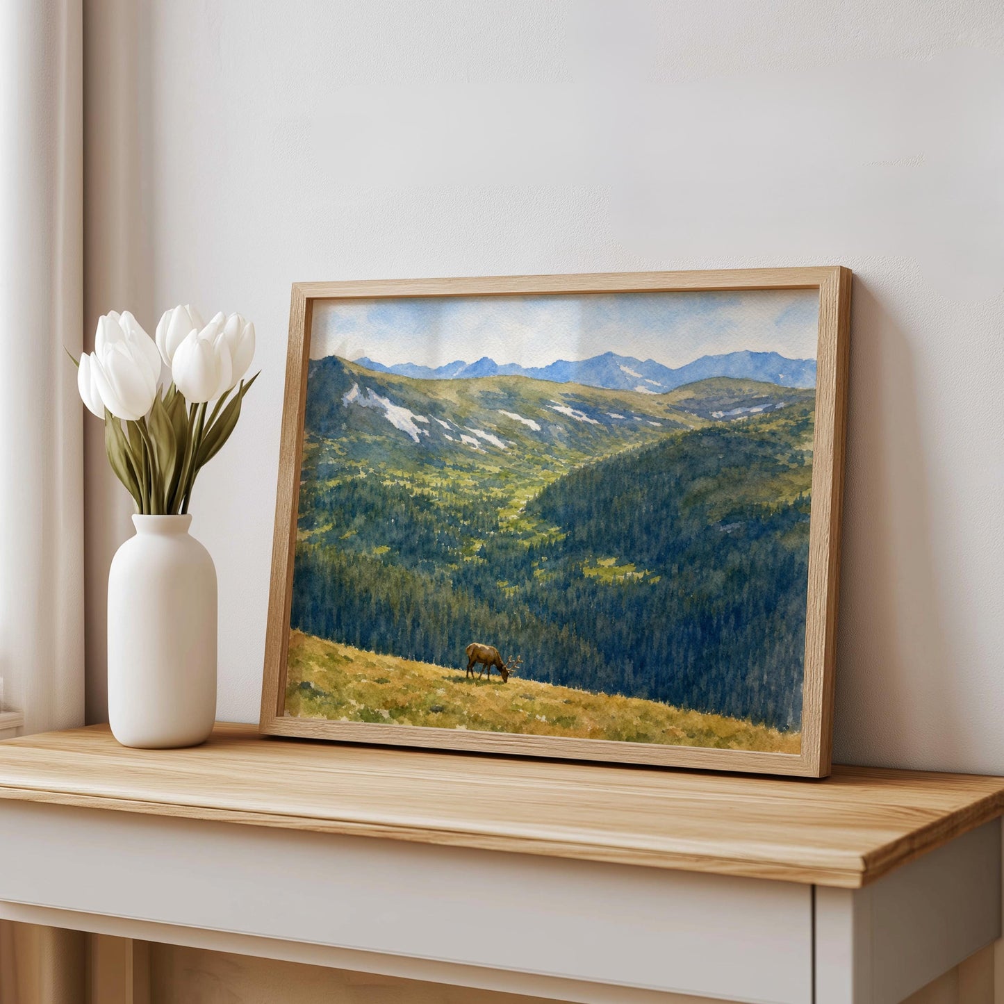 Elk Rocky Mountain Landscape Watercolor Art Digital Download