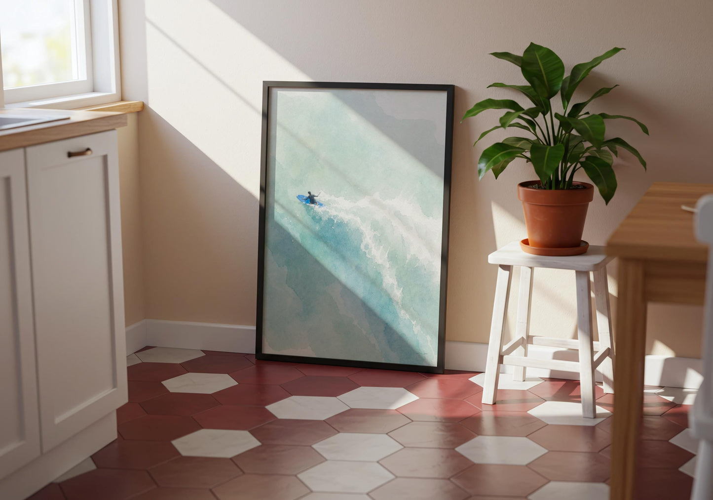 Surfer Art Print Watercolor Turquoise Pastel Coastal Wall Art Digital Download