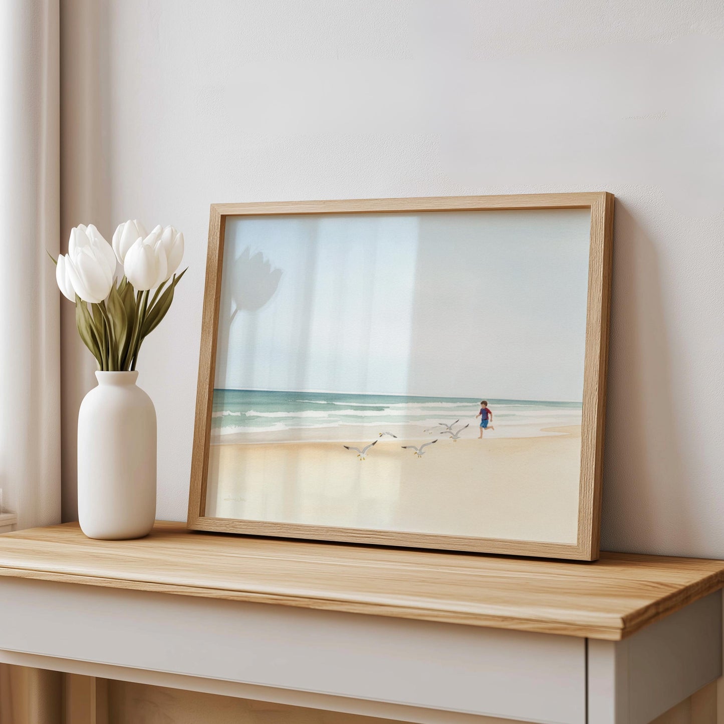Chasing Seagulls Childhood Beach Art Print Digital Download Coastal Artwork