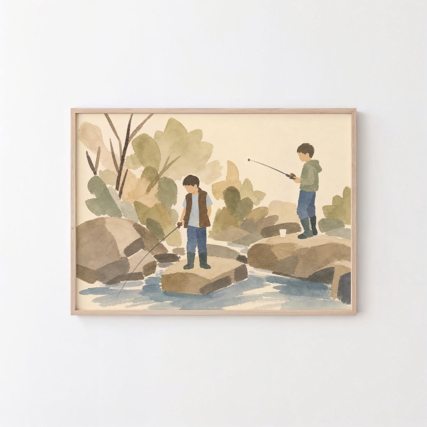 Boys Fishing in Creek Art Print (Digital Download) Forest Landscape Watercolor