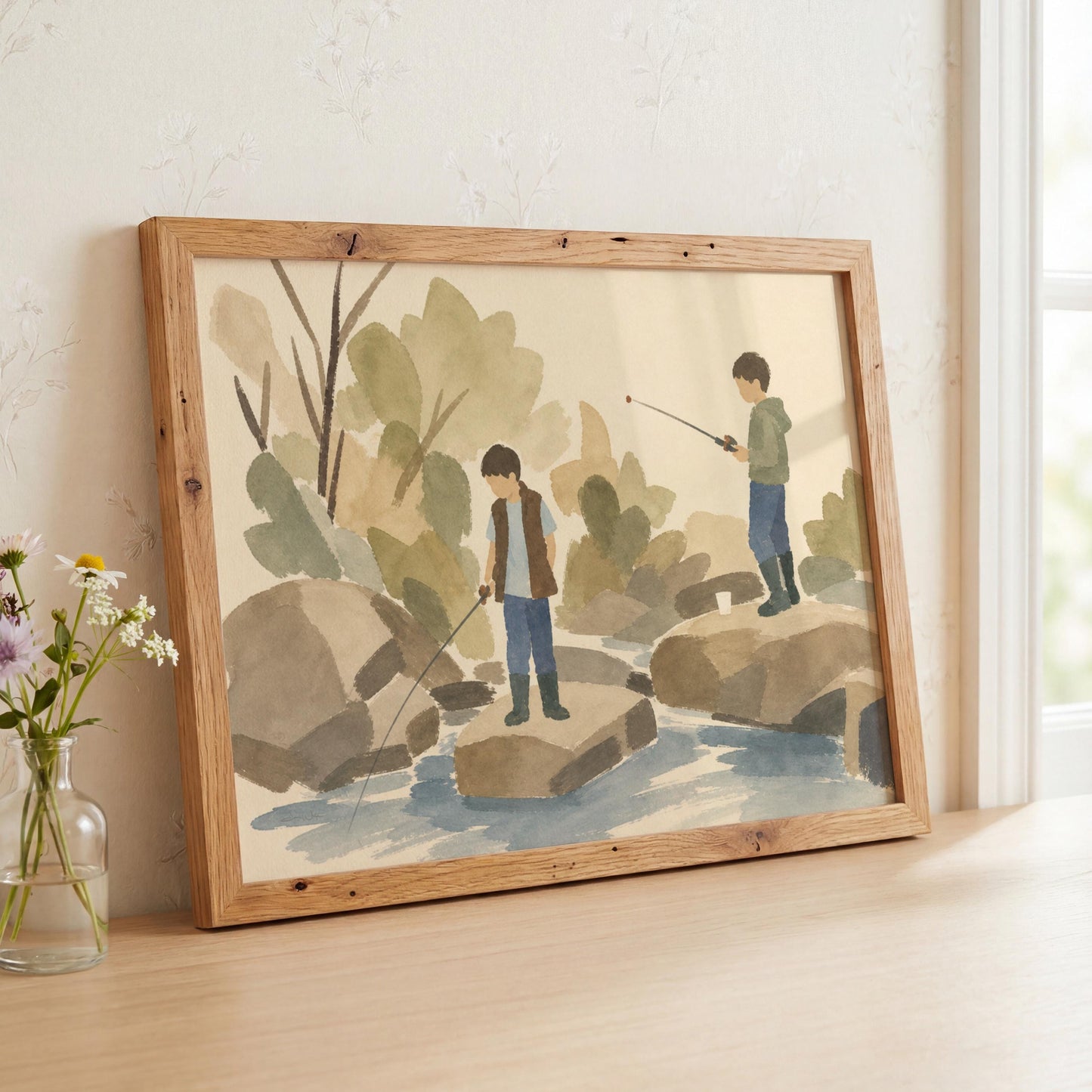 Boys Fishing in Creek Art Print (Digital Download) Forest Landscape Watercolor
