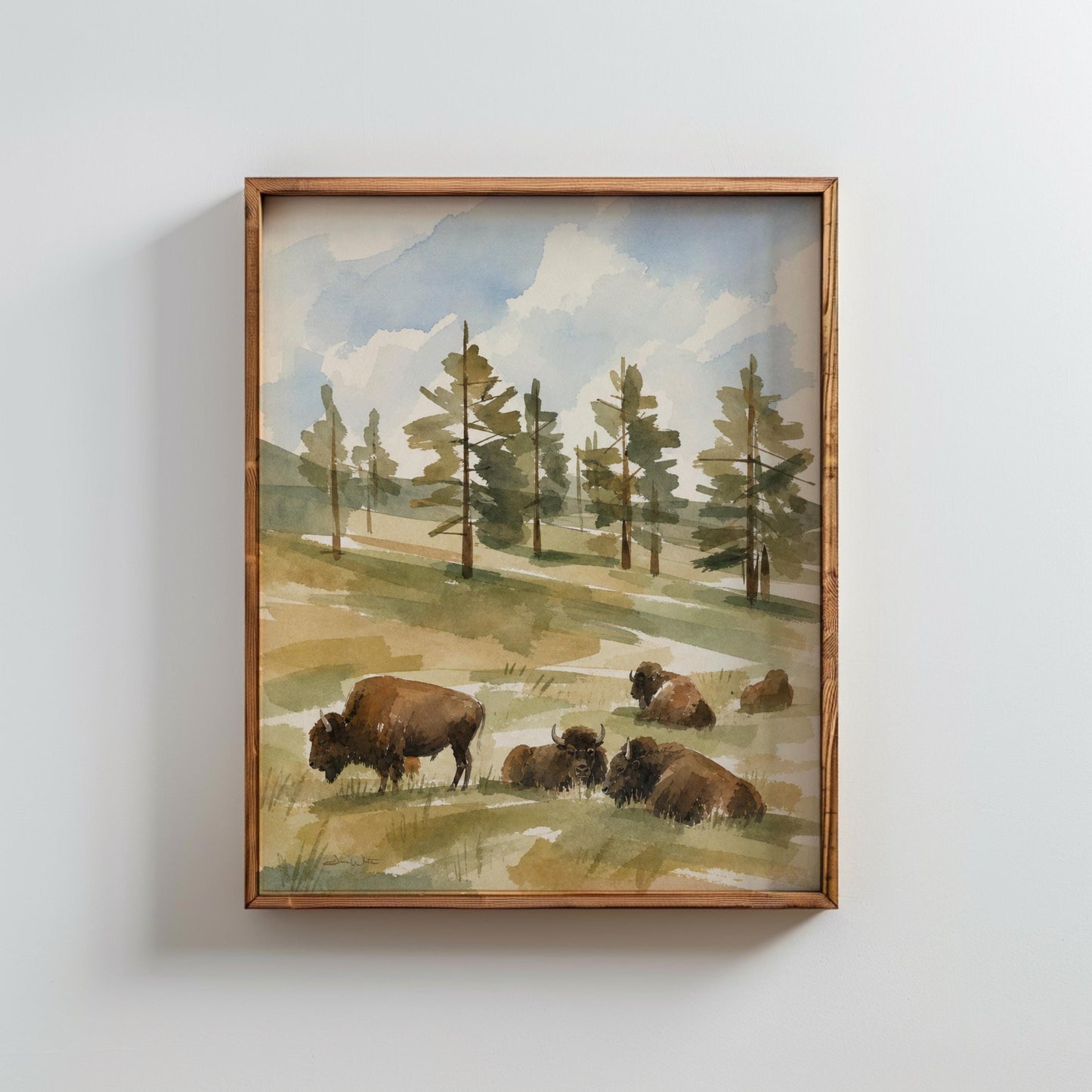 Bison Watercolor Art Western Pine Trees Landscape (Digital Download - Vertical)