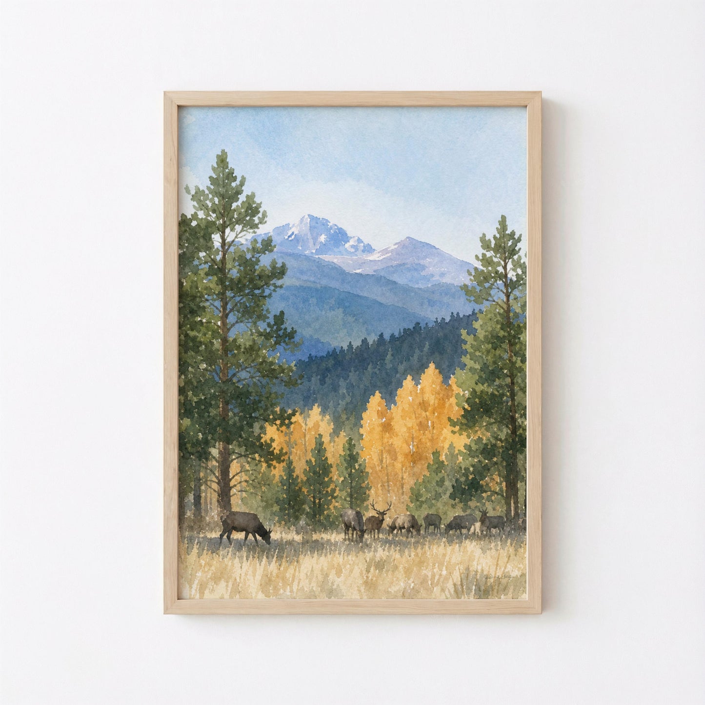 Elk Herd Watercolor Rocky Mountain Landscape Art Digital Download