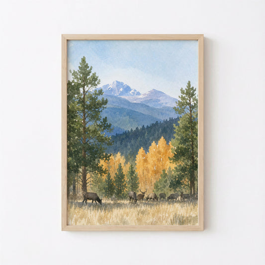 Elk Herd Watercolor Rocky Mountain Landscape Art Digital Download