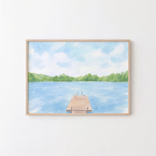 Summer Lake Dock Watercolor Painting Art Print (Digital Download - Horizontal)