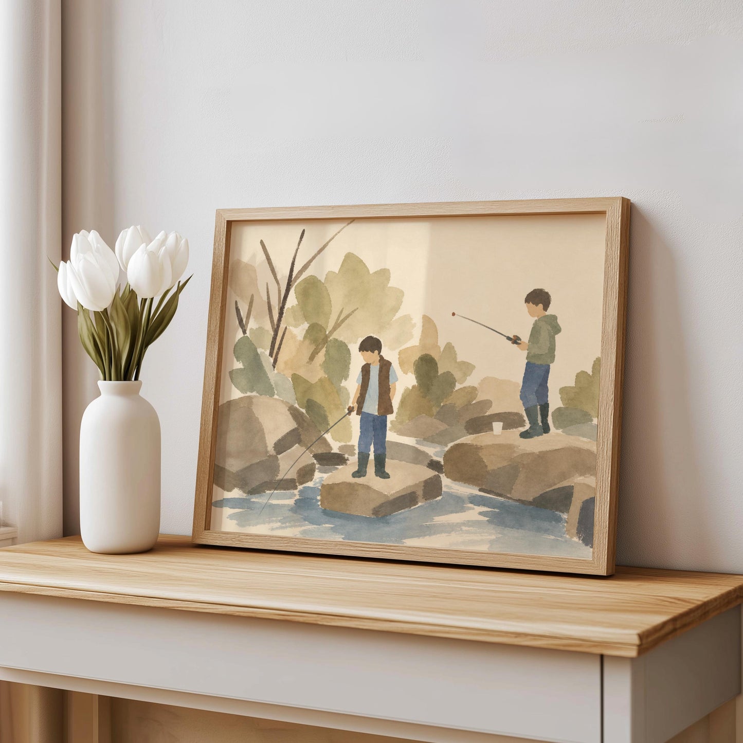 Boys Fishing in Creek Art Print (Digital Download) Forest Landscape Watercolor